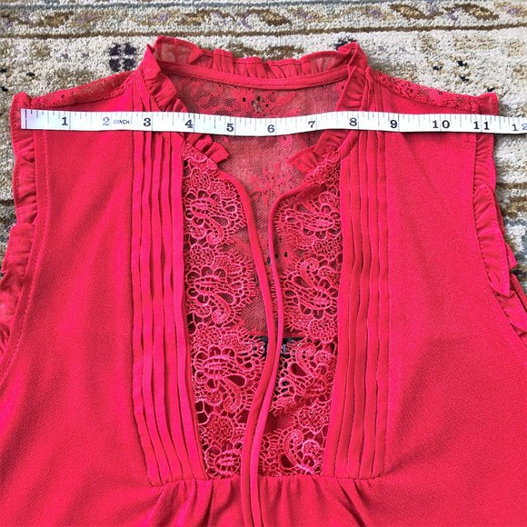 Vivid Red Lace Bib-Front Flowy & Drapey Blouse XS - Picture 12 of 16
